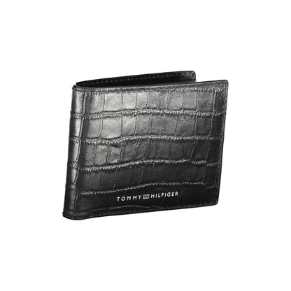 Tommy Hilfiger Black Leather Wallet with double card spaces, contrast details, and logo.
