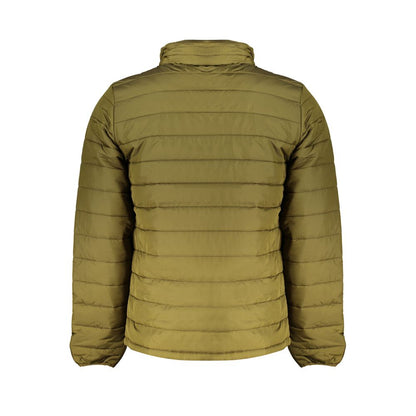 Back view of Timberland Green Polyester Men's Jacket showcasing recycled material and eco-conscious design for outdoor enthusiasts.