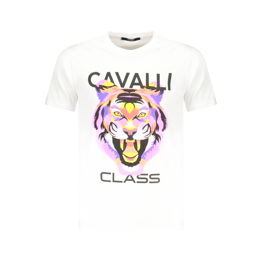 Cavalli Class White Cotton Men T-Shirt with bold print and iconic logo, featuring premium crew neck design for trendy luxury and comfort.