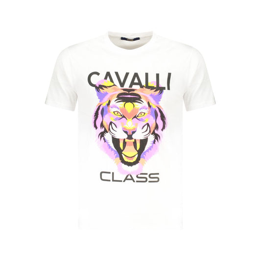Cavalli Class White Cotton Men T-Shirt with bold print and iconic logo, featuring premium crew neck design for trendy luxury and comfort.