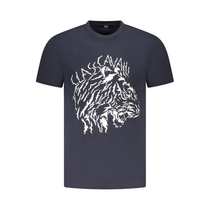 Cavalli Class Blue Cotton Men T-Shirt with crew neck and bold print showcasing modern luxury and style.