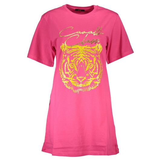 Cavalli Class Pink Cotton Women T-Shirt with tiger print and logo, luxury fashion top, short sleeves, regular fit, made in Turkey
