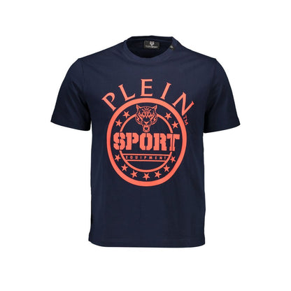 Plein Sport Blue Cotton Men T-Shirt with logo and eye-catching print, ideal for modern trendsetters, made from premium cotton.