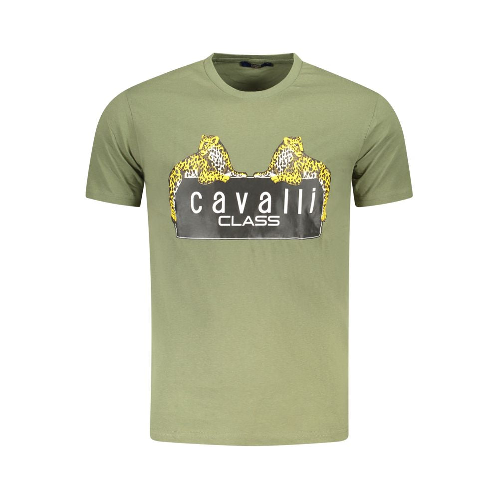 Cavalli Class Green Cotton Men T-Shirt with distinctive print and logo, stylish and comfortable crew neck tee for confident trendsetters.