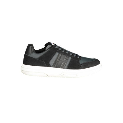 Tommy Hilfiger Black Leather Men Sneaker in sleek design with smoke accents, removable footbed, and iconic logo.