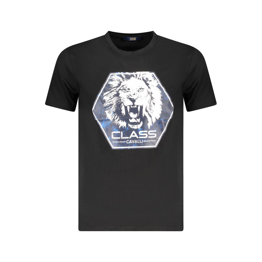 Cavalli Class Black Cotton Men T-Shirt with bold lion print and logo, short sleeve crew neck, sophisticated emblematic flair, luxury wear