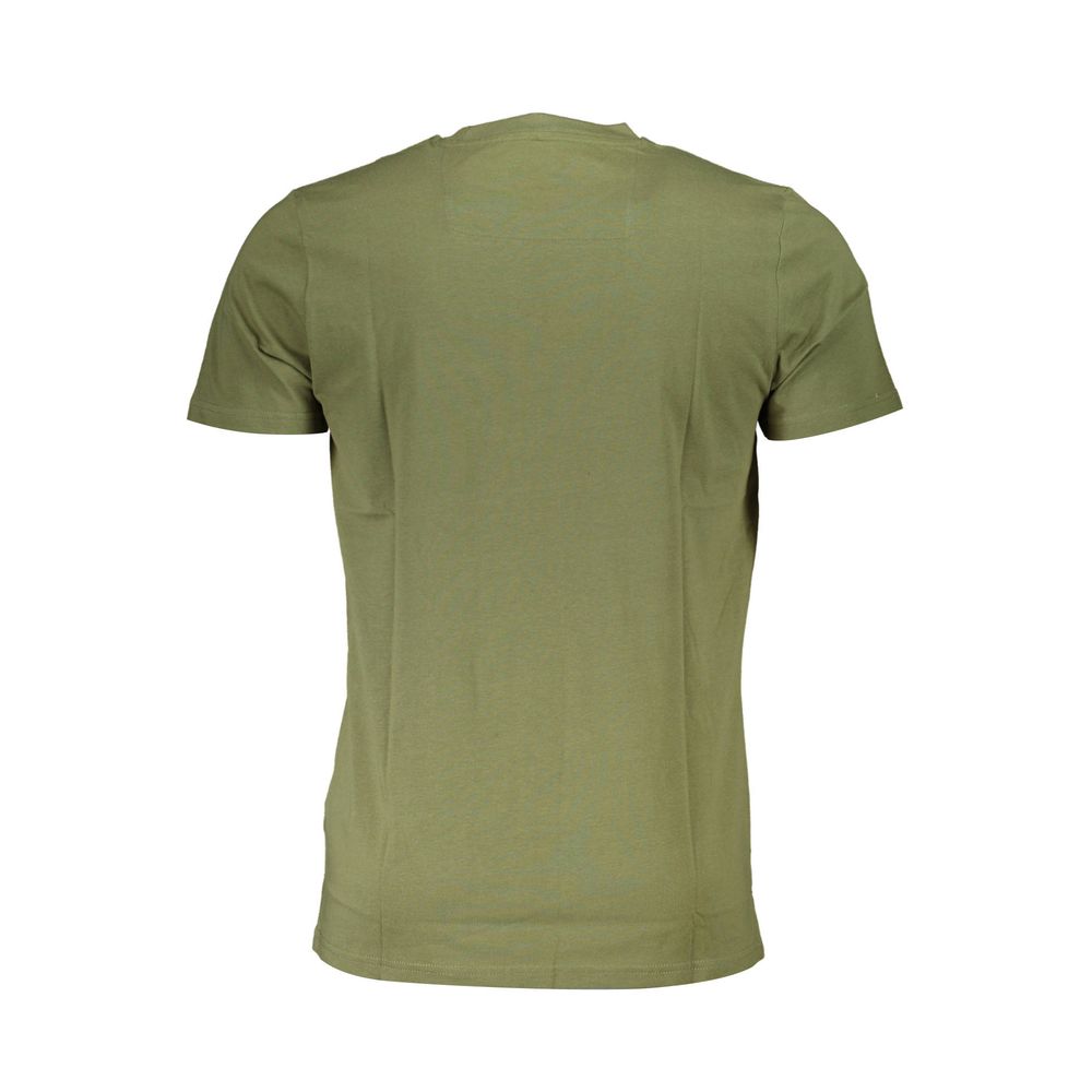 Back view of Cavalli Class Green Cotton Men T-Shirt, showcasing short sleeves and premium cotton fabric for unmatched comfort and style.
