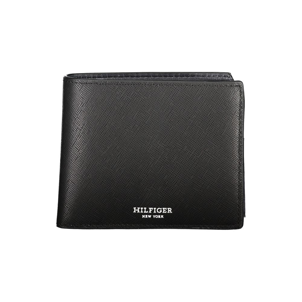 Tommy Hilfiger Black Leather Wallet with logo, 2 compartments, coin purse, card spaces, and contrast details