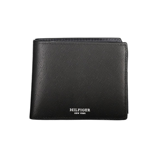 Tommy Hilfiger Black Leather Wallet with logo, 2 compartments, coin purse, card spaces, and contrast details