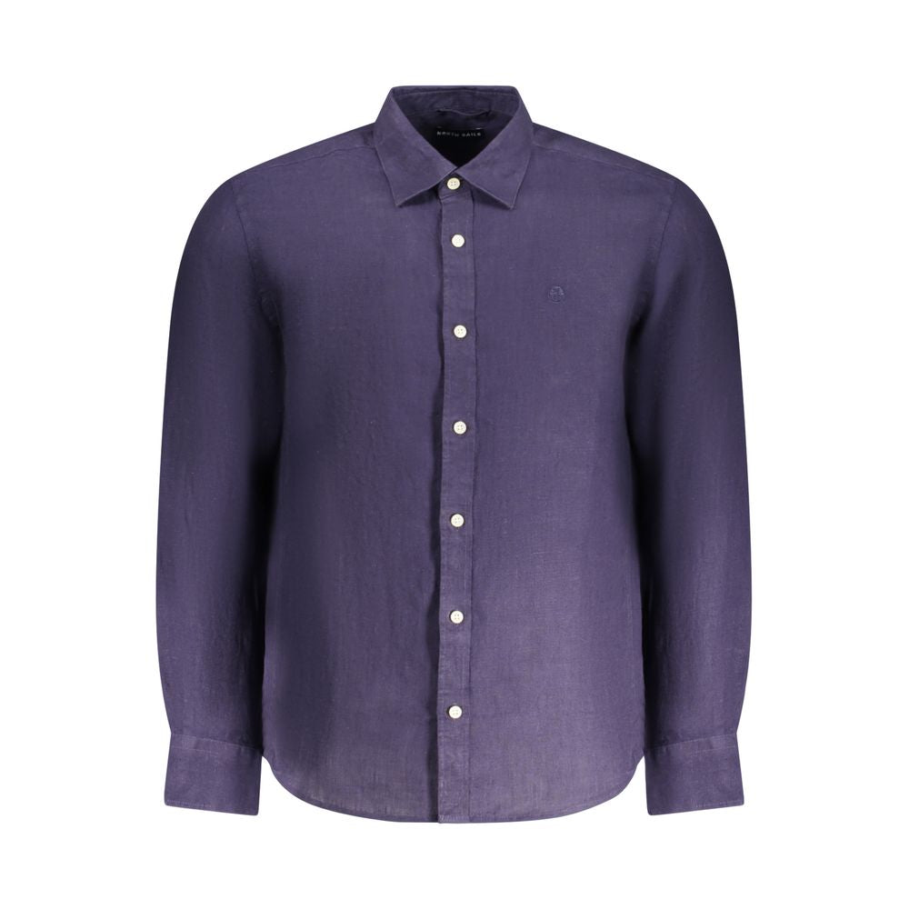 North Sails Blue Linen Men Shirt with Italian collar and embroidery, showcasing superior craftsmanship and elegance.