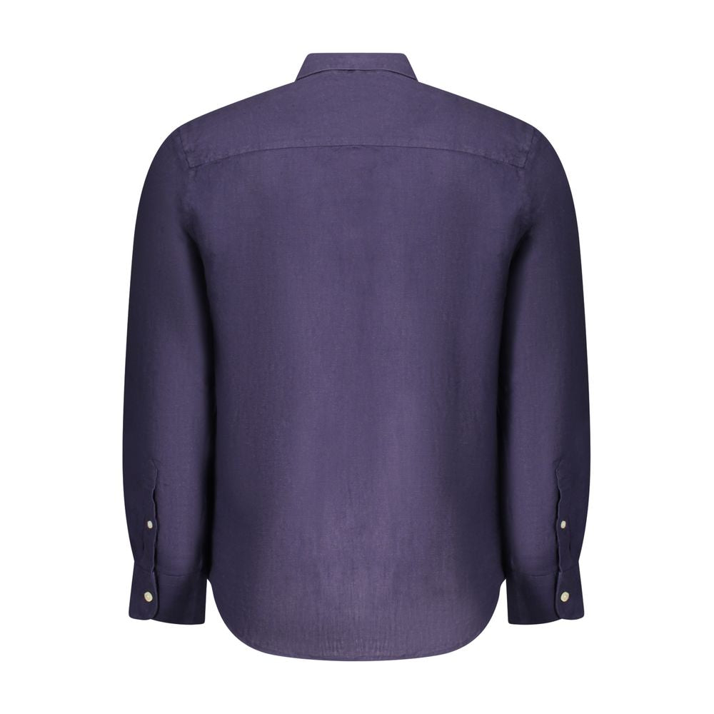 Back view of North Sails Blue Linen Men Shirt with Italian collar and 1-button cuffs, featuring intricate embroidery and designer logo.