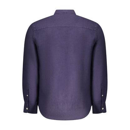 Back view of North Sails Blue Linen Men Shirt with Italian collar and 1-button cuffs, featuring intricate embroidery and designer logo.