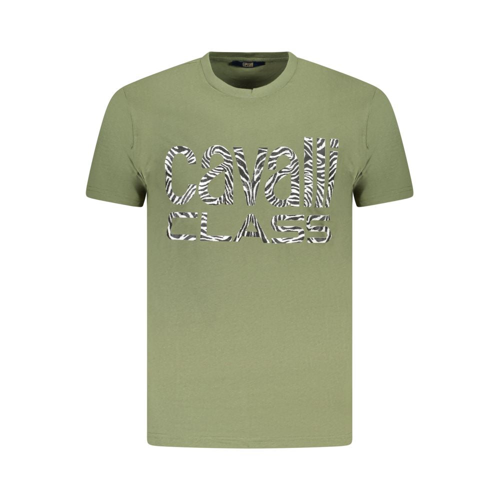 Cavalli Class Green Cotton Men T-Shirt with bold logo print, short sleeve crew neck.