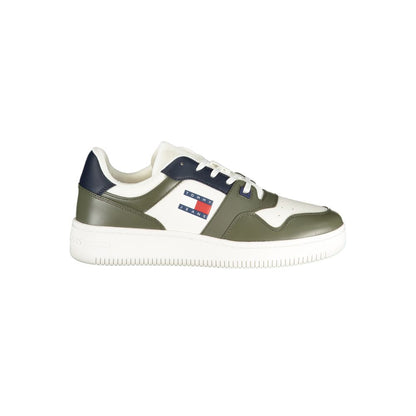 Tommy Hilfiger Green Leather Men Sneaker with blue and white accents and logo.