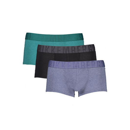 Bikkembergs Green Polyester Men Boxer tri-pack in green, blue, black with logo waistband, showcasing bold style and comfort blend.