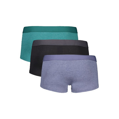 Bikkembergs Green Polyester Men Boxer tri-pack with vibrant green, classic blue, and sleek black boxers featuring iconic logo waistband.