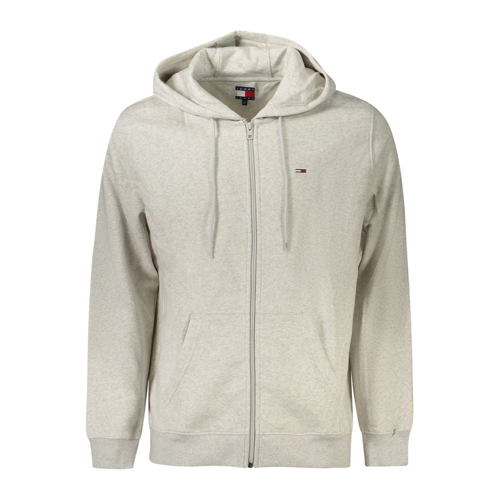 Tommy Hilfiger Gray Cotton Men Sweater, long-sleeved hooded sweatshirt with zip closure, iconic embroidery logo, versatile gray color.