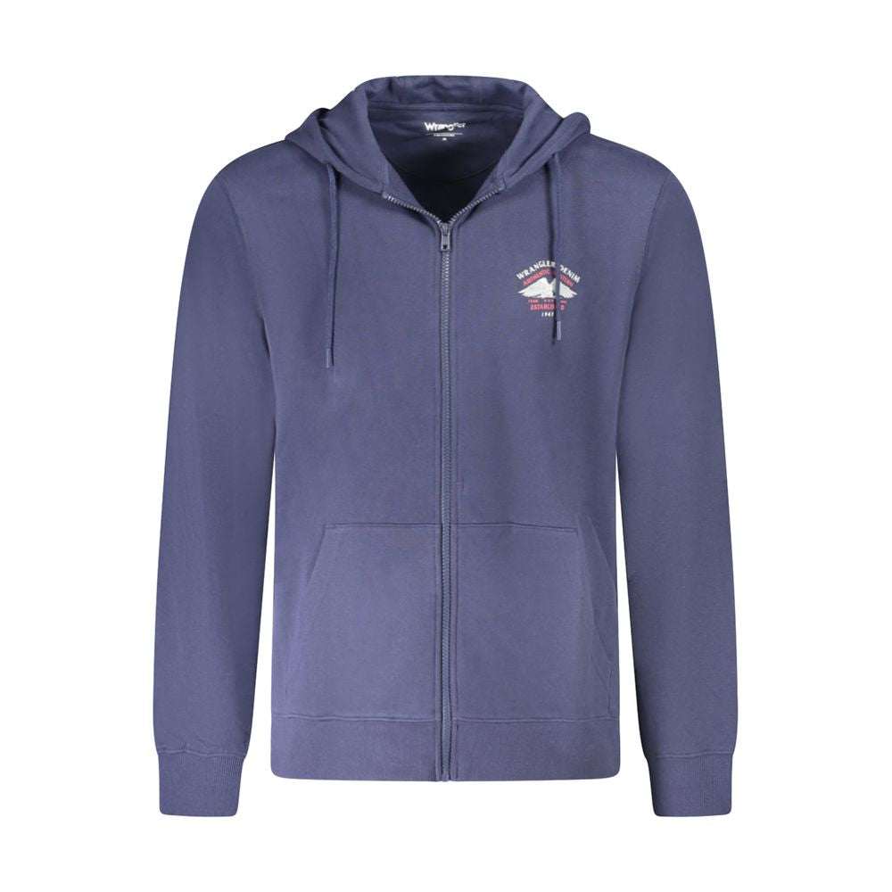 Wrangler Blue Cotton Men Sweater with graphic print and logo, zip-up hoodie with dual pockets for style and comfort.