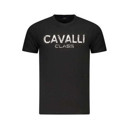 Cavalli Class Black Cotton Men T-Shirt featuring bold printed logo, ideal for fashion-forward style, crafted from high-quality cotton.