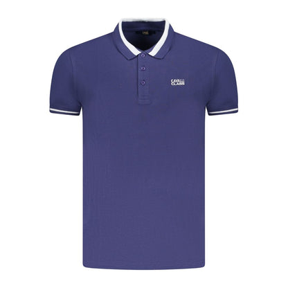 Cavalli Class Blue Cotton Men Polo Shirt with three-button finish and contrasting details, featuring iconic embroidery and logo.