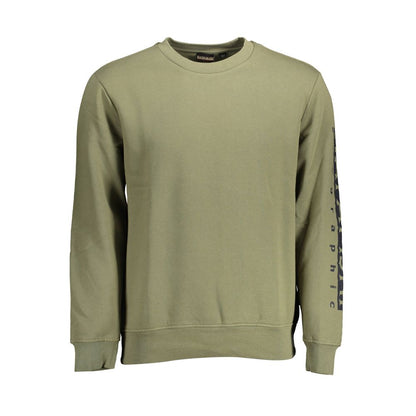 Napapijri Green Cotton Men Sweater with crew neck and logo on sleeve, a versatile and stylish addition to any wardrobe for casual comfort.