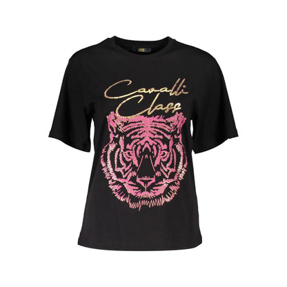 Cavalli Class Black Cotton Women Top with bold tiger print and logo, casual luxury fashion t-shirt, stylish Italian design.