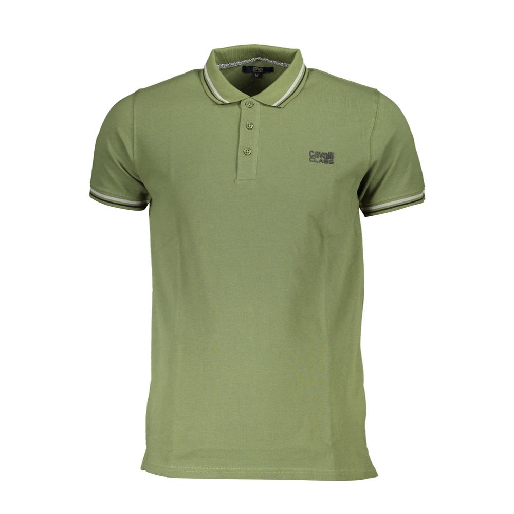 Cavalli Class Green Cotton Men Polo Shirt with logo, featuring short sleeves and stylish contrasting details.