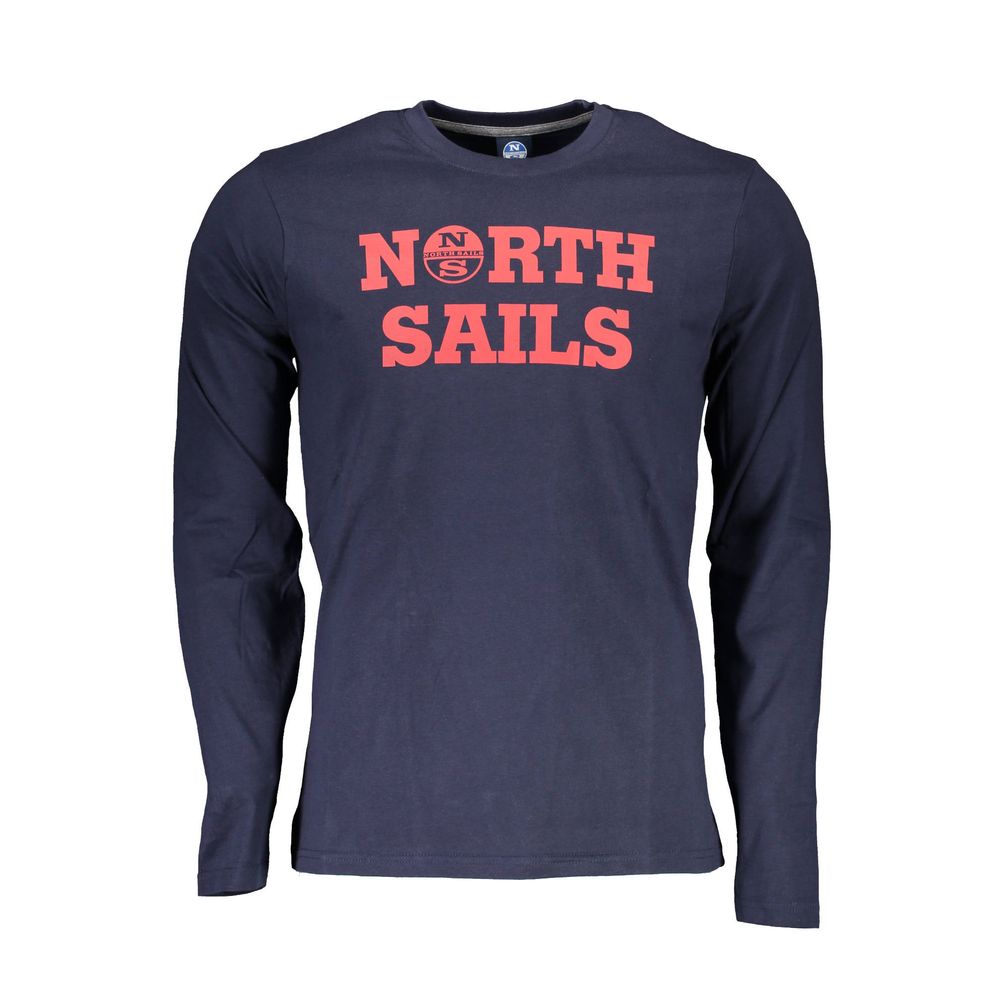 North Sails Blue Cotton Men T-Shirt with logo, long sleeves, and crew neck, showcasing maritime elegance and comfort.