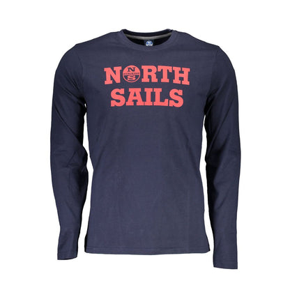 North Sails Blue Cotton Men T-Shirt with logo, long sleeves, and crew neck, showcasing maritime elegance and comfort.