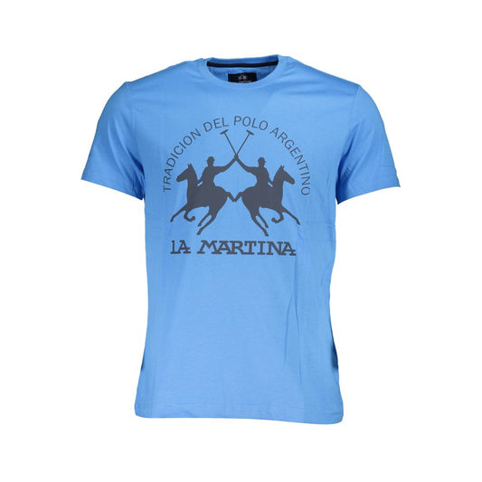 La Martina Blue Cotton Men T-Shirt with polo print and logo, short sleeves, crew neck, casual luxury design, 100% cotton.
