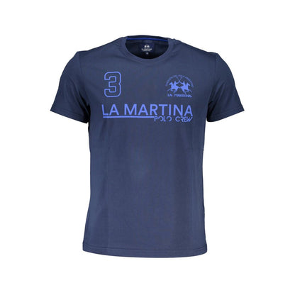 La Martina Blue Cotton Men T-Shirt with print and logo on chest, short sleeve, crew neck, vibrant blue.