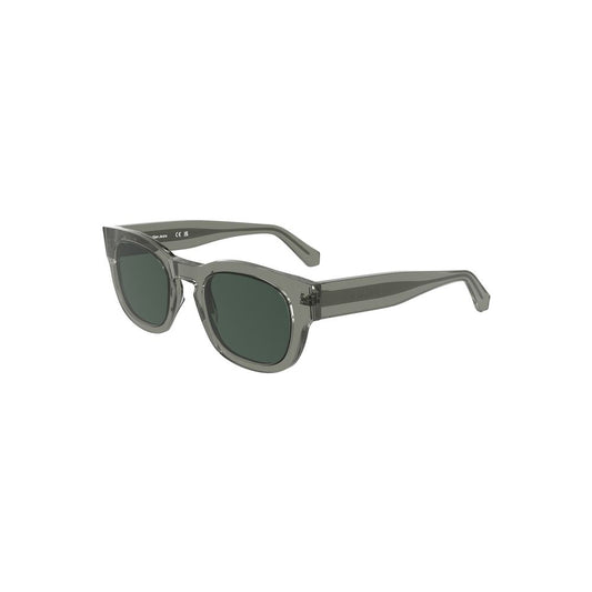 Calvin Klein Gray Acetate Women Sunglasses with round lenses and smoky finish, featuring elegant gray frames and iconic logo.