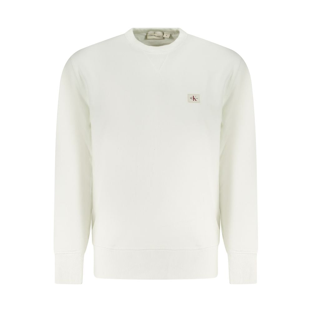 Calvin Klein White Cotton Men Sweater with iconic CK logo, eco-friendly regenerative cotton, and contrasting details for stylish comfort.