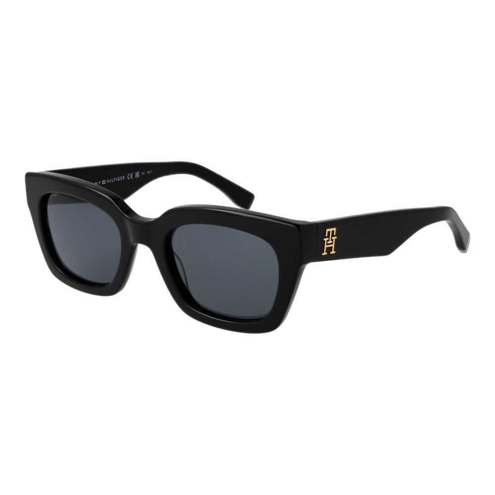 Tommy Hilfiger Black Women Sunglass with full-rim acetate frame and grey lenses, offering 100% UVA & UVB protection.