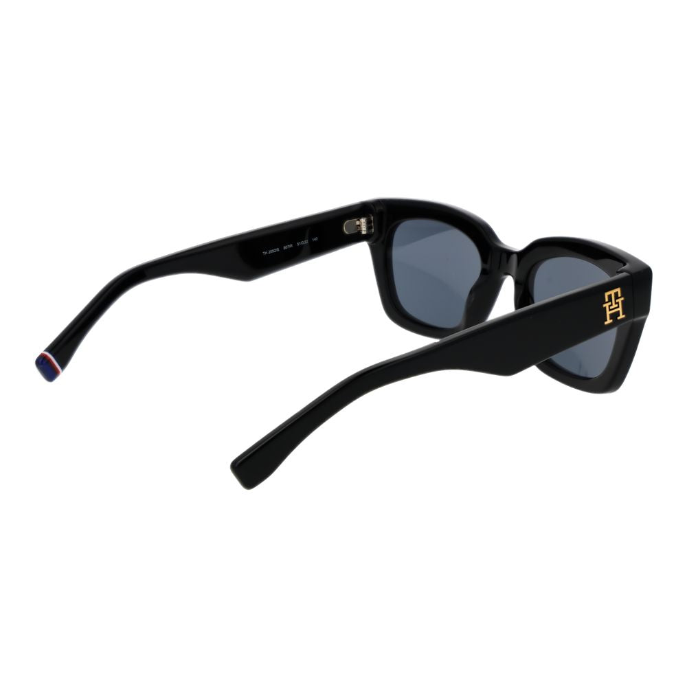 Tommy Hilfiger Black Women Sunglass with full-rim black acetate frame and grey plastic lenses, offering 100% UVA & UVB protection.