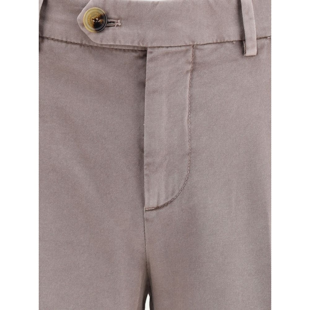 Brunello Cucinelli Gray Cotton Casual Pants close-up of front button and zipper closure with belt loops.
