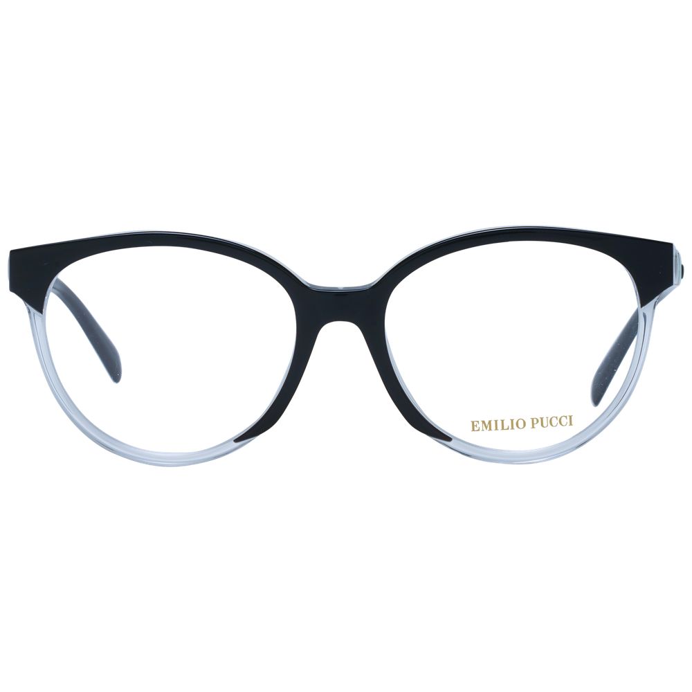 Emilio Pucci Black Women Glasses Frame, full-rim plastic round design with demo lenses, size 53-17-140, includes branded case.
