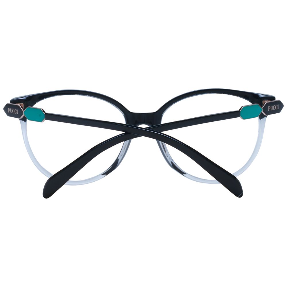 Emilio Pucci Black Women Glasses Frame, full-rim round style, black plastic material, demo lenses, lens width 53mm, frame width 135mm.