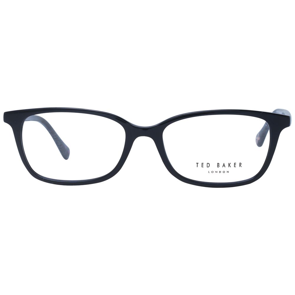 Ted Baker Black Women Glasses Frame in full-rim rectangle style with plastic frame, demo lenses, and branded case included.