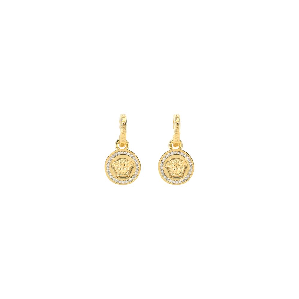 Versace Medusa Earrings in gold brass with iconic Medusa head design, classic round shape, elegant jewelry, made in Italy.