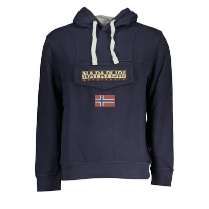 Napapijri Blue Cotton Men Sweater with logo and pocket, showcasing hooded design and soft brushed fabric, perfect for stylish comfort.