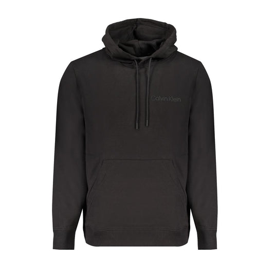 Calvin Klein Black Cotton Men Sweater with hood, front pocket, and iconic logo, perfect for modern trendsetters seeking comfort and style.