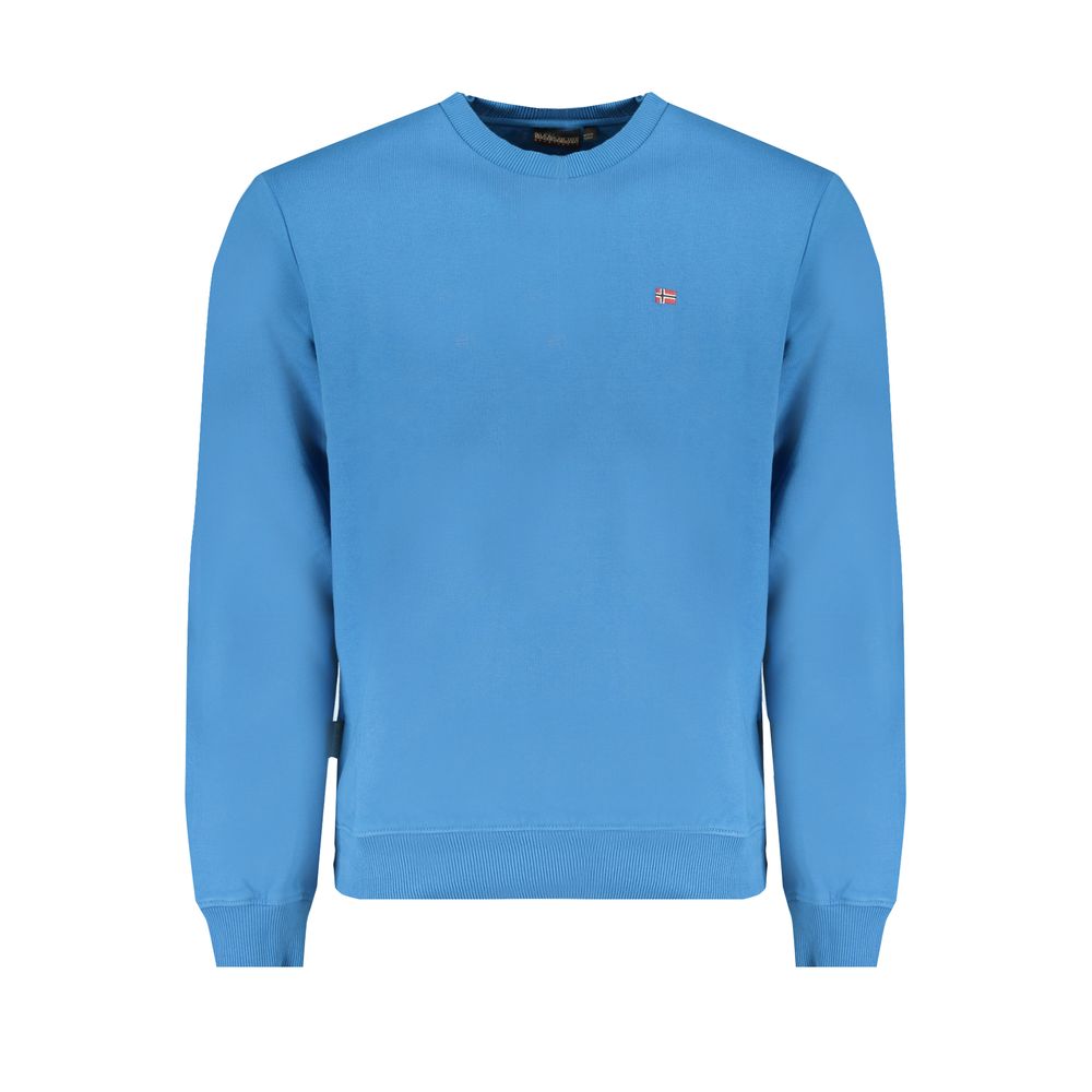 Napapijri Blue Cotton Men Sweater with long sleeves, crew neck, and logo embroidery in striking blue hue.