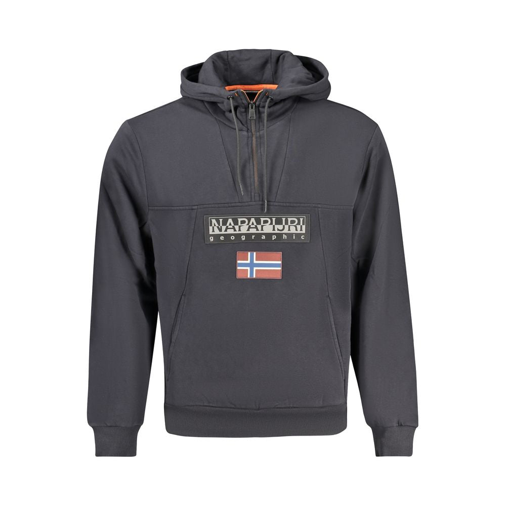 Napapijri Black Cotton Men Hoodie with logo, 1/2 zip, twin pockets, crafted from organic cotton for comfort and style
