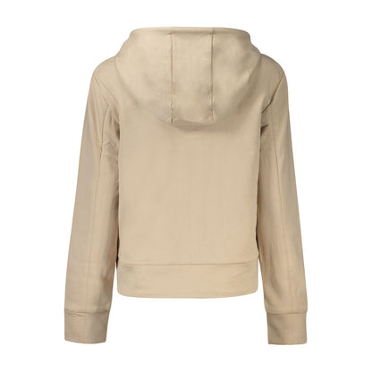Back view of a beige hooded sweatshirt displaying the design and cut.