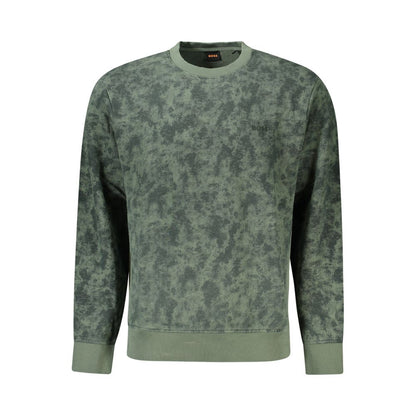Hugo Boss Green Cotton Men Sweater with brushed cotton, contrasting accents, and embroidered logo for luxury style and comfort.