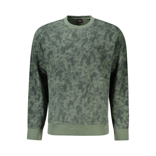 Hugo Boss Green Cotton Men Sweater with brushed cotton, contrasting accents, and embroidered logo for luxury style and comfort.