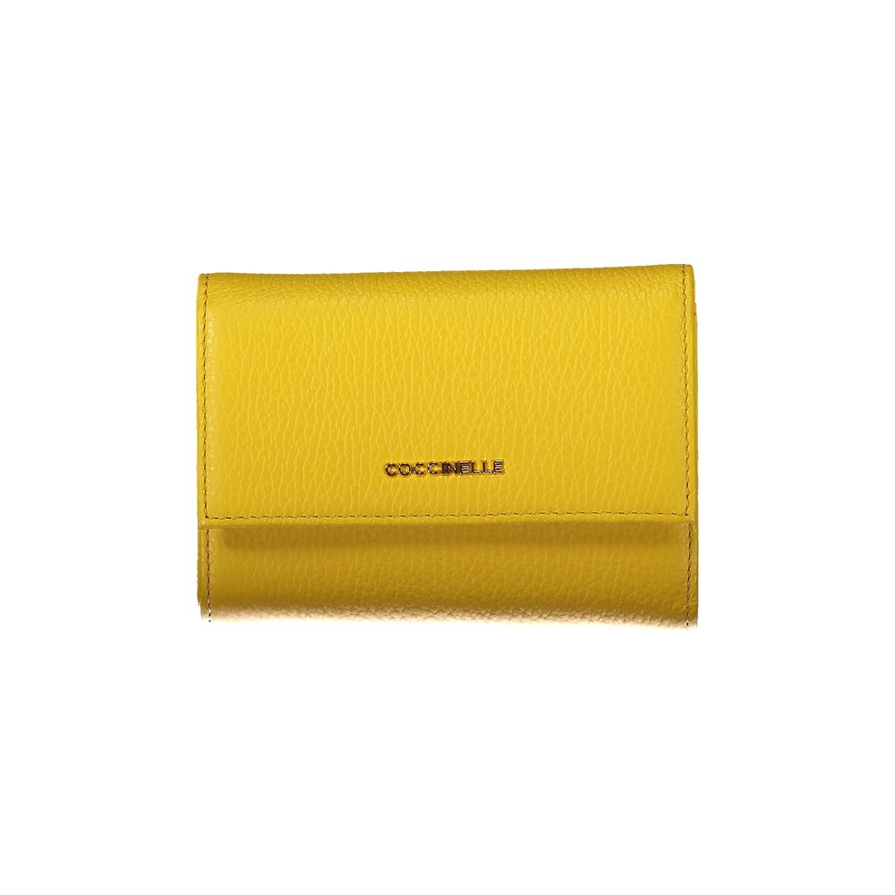 Coccinelle Yellow Leather Wallet with zip and automatic closure, featuring metallic soft leather, 3 compartments, and external coin pocket.