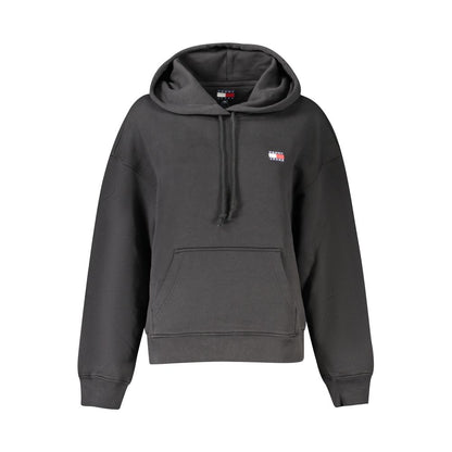 Tommy Hilfiger Black Cotton Women Sweater with hood and logo, stylish long sleeve sweatshirt for casual wear.