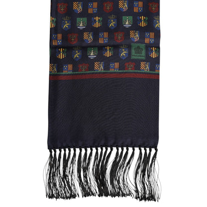 Dolce & Gabbana Blue Silk Printed Fringes Foulard Scarf